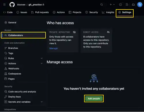 Create a GitHub Remote Repository and invite a project member: Step 6