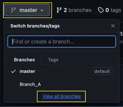 Selecting the master branch on GitHub Selecting the master branch on GitHub